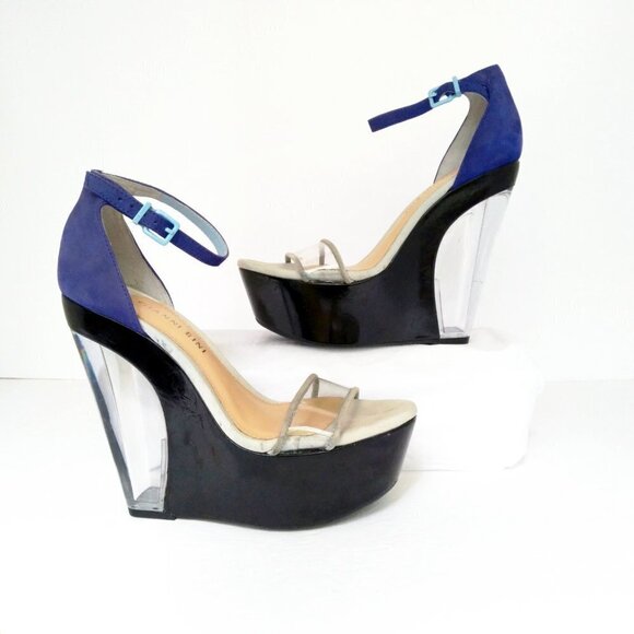 Gianni Bini  Clear & Black Mega Wedge  Royal Blue Suede Ankle Strap Sandals Sz 7 - Picture 6 of 9